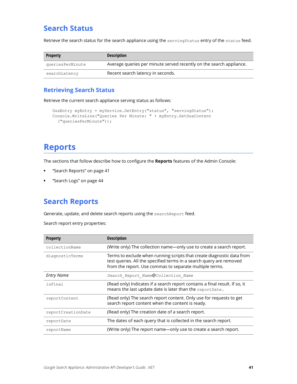 Search status, Reports, Search reports | Google Search Appliance Administrative API Developers Guide: .NET User Manual | Page 41 / 55