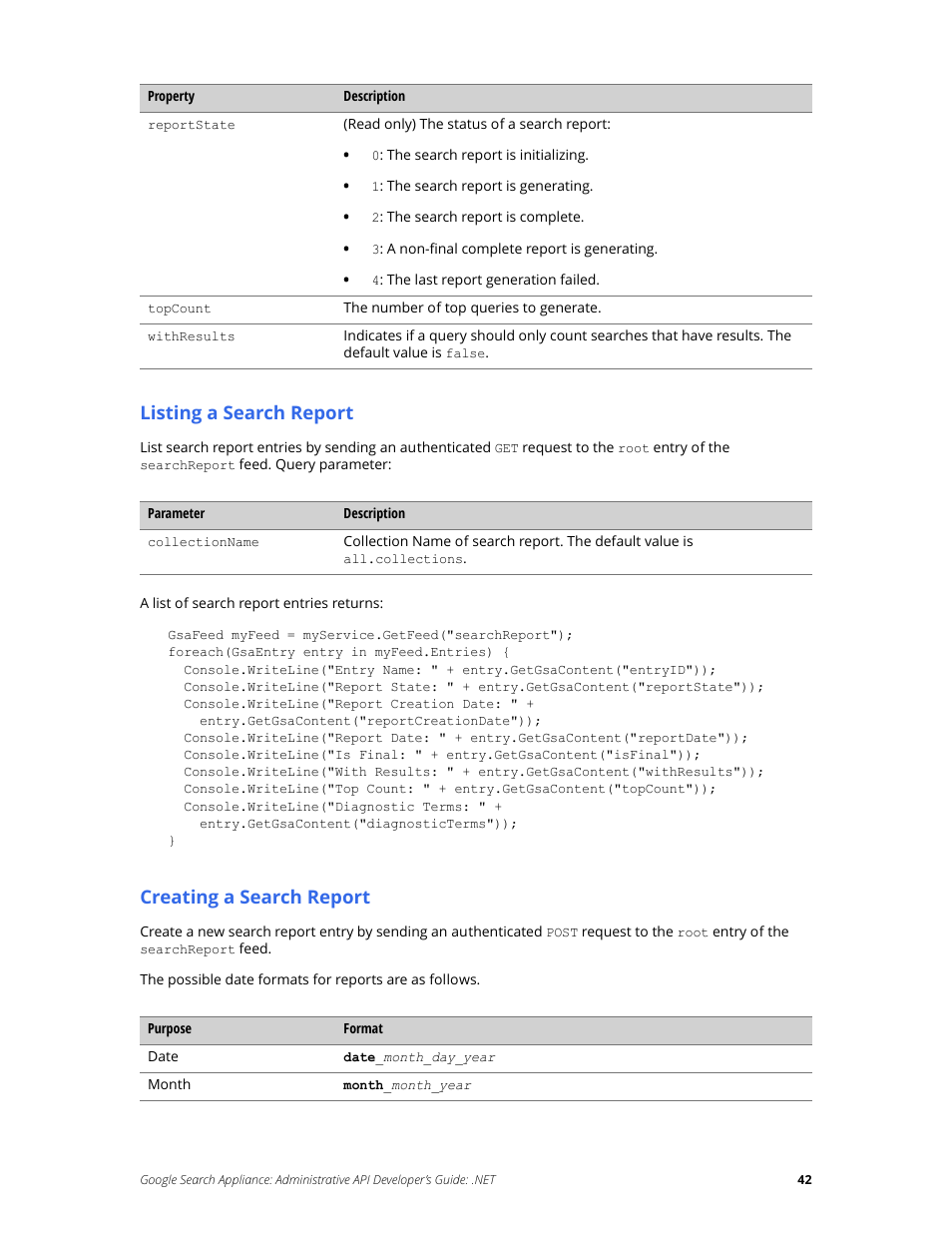 Listing a search report, Creating a search report | Google Search Appliance Administrative API Developers Guide: .NET User Manual | Page 42 / 55