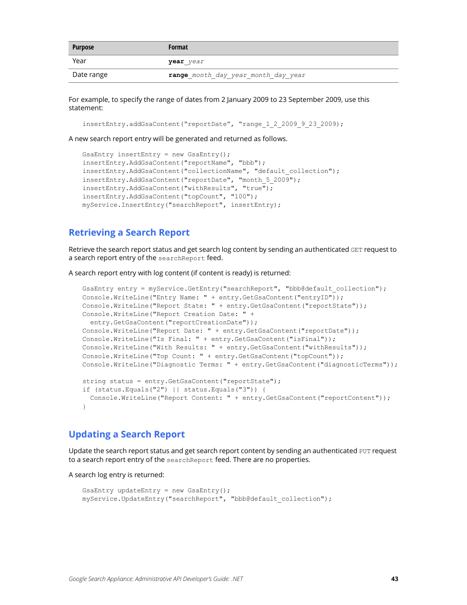 Retrieving a search report, Updating a search report | Google Search Appliance Administrative API Developers Guide: .NET User Manual | Page 43 / 55