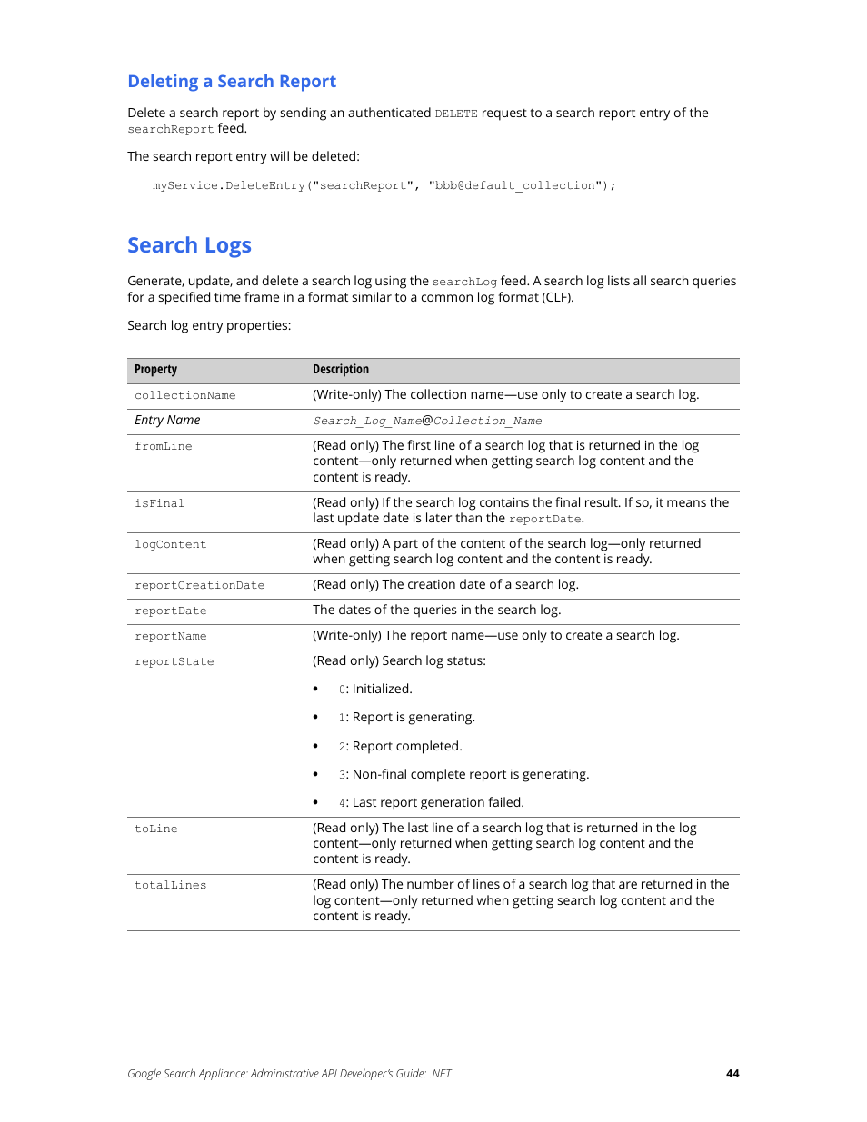 Search logs, Deleting a search report | Google Search Appliance Administrative API Developers Guide: .NET User Manual | Page 44 / 55