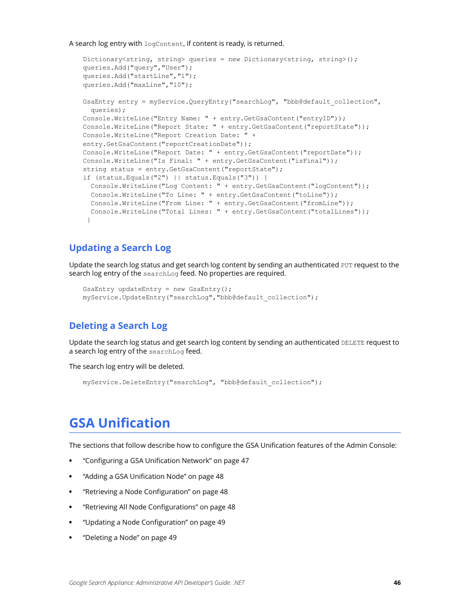 Gsa unification, Updating a search log, Deleting a search log | Google Search Appliance Administrative API Developers Guide: .NET User Manual | Page 46 / 55