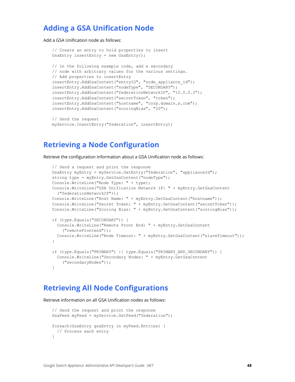 Adding a gsa unification node, Retrieving a node configuration, Retrieving all node configurations | Google Search Appliance Administrative API Developers Guide: .NET User Manual | Page 48 / 55