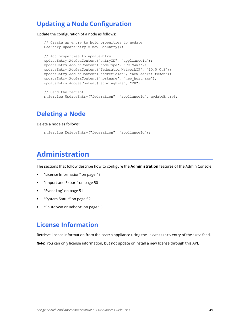 Updating a node configuration, Deleting a node, Administration | License information | Google Search Appliance Administrative API Developers Guide: .NET User Manual | Page 49 / 55