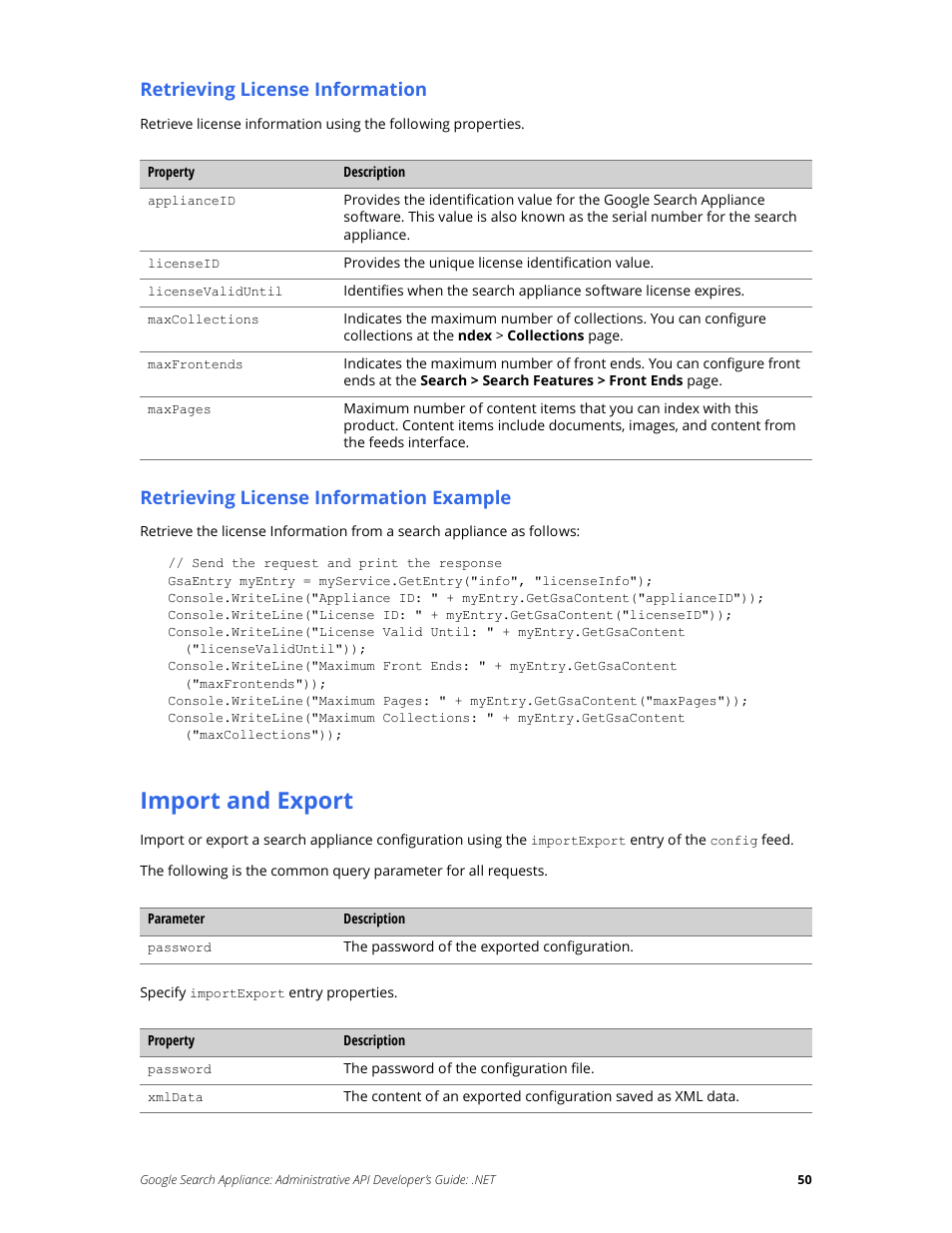 Import and export, Retrieving license information, Retrieving license information example | Google Search Appliance Administrative API Developers Guide: .NET User Manual | Page 50 / 55