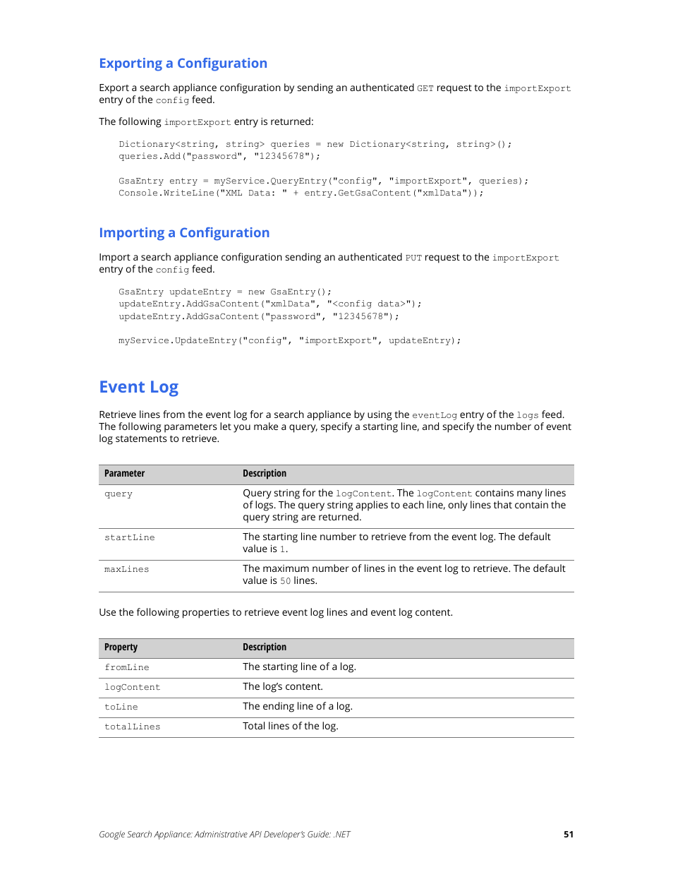 Event log, Exporting a configuration, Importing a configuration | Google Search Appliance Administrative API Developers Guide: .NET User Manual | Page 51 / 55