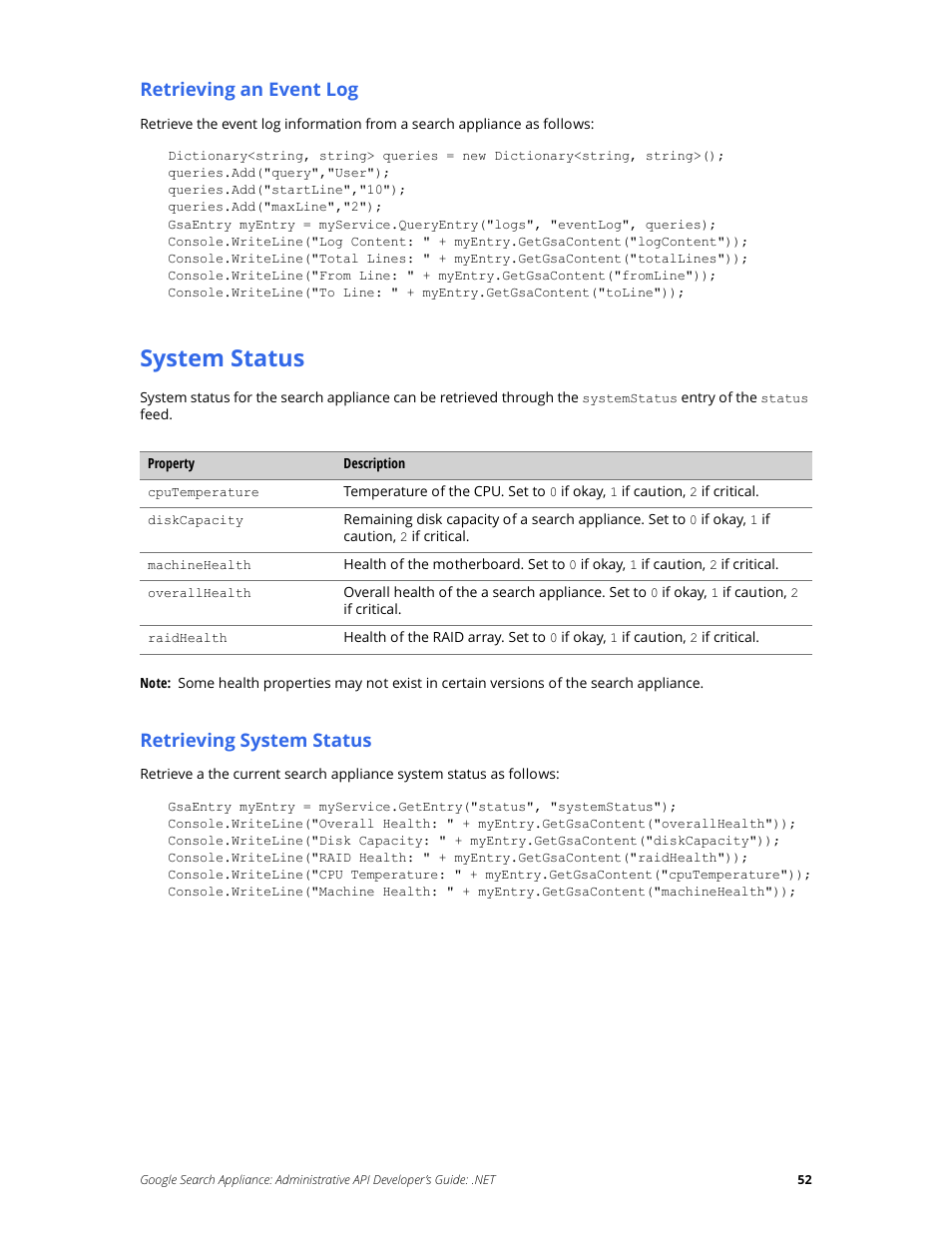 System status | Google Search Appliance Administrative API Developers Guide: .NET User Manual | Page 52 / 55