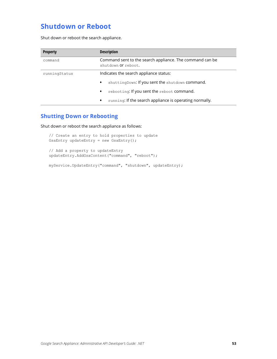 Shutdown or reboot, Shutting down or rebooting | Google Search Appliance Administrative API Developers Guide: .NET User Manual | Page 53 / 55