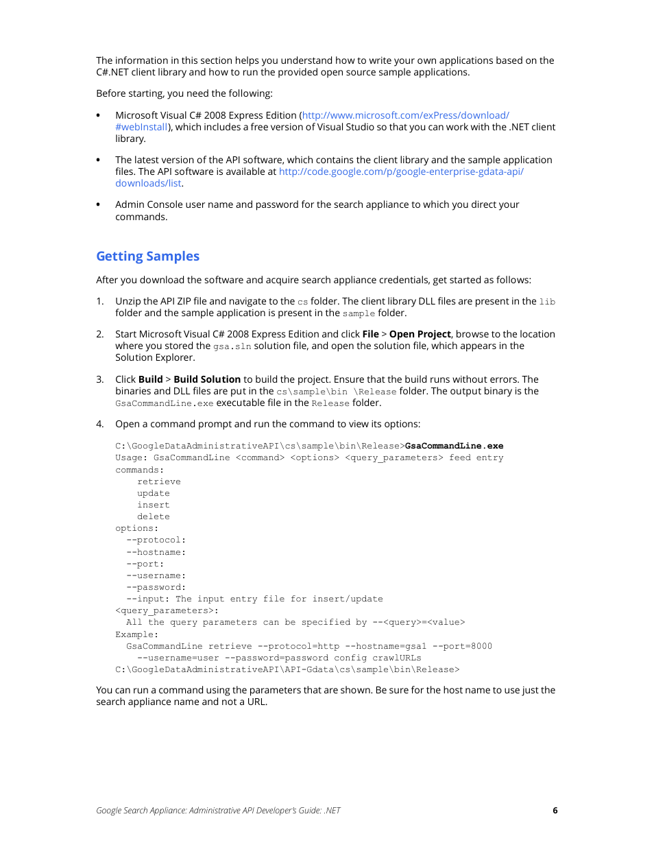 Getting samples | Google Search Appliance Administrative API Developers Guide: .NET User Manual | Page 6 / 55