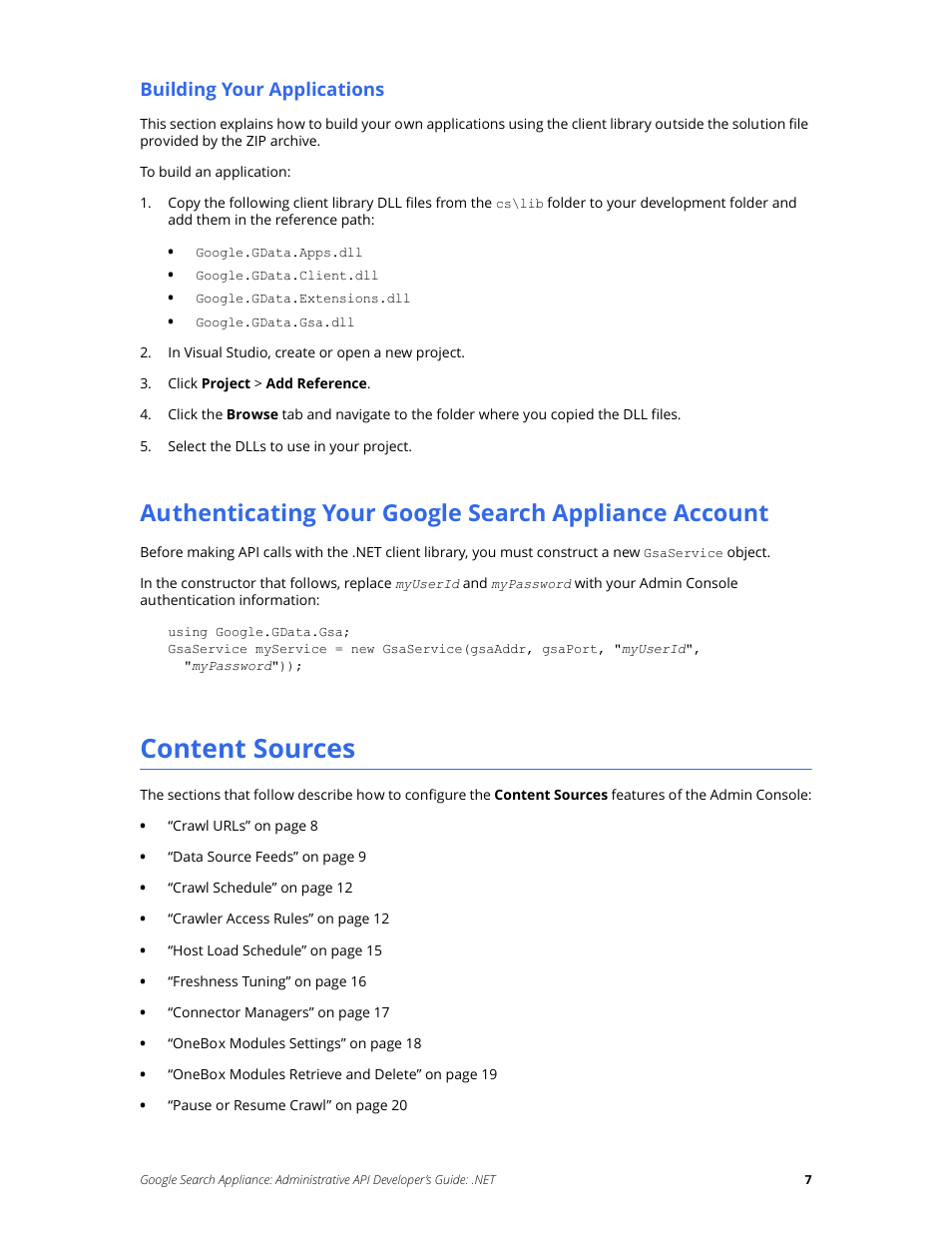 Content sources, Building your applications | Google Search Appliance Administrative API Developers Guide: .NET User Manual | Page 7 / 55