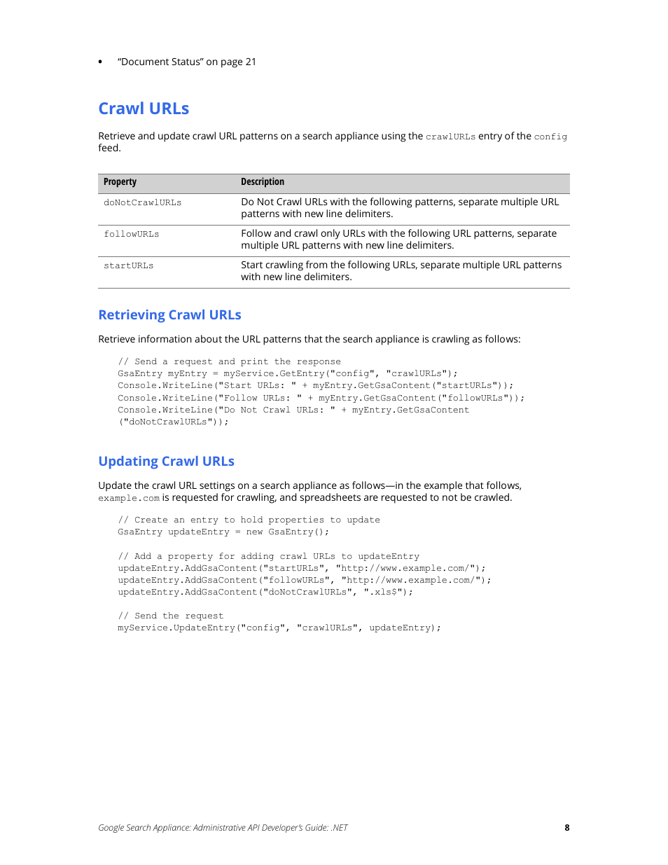 Crawl urls | Google Search Appliance Administrative API Developers Guide: .NET User Manual | Page 8 / 55