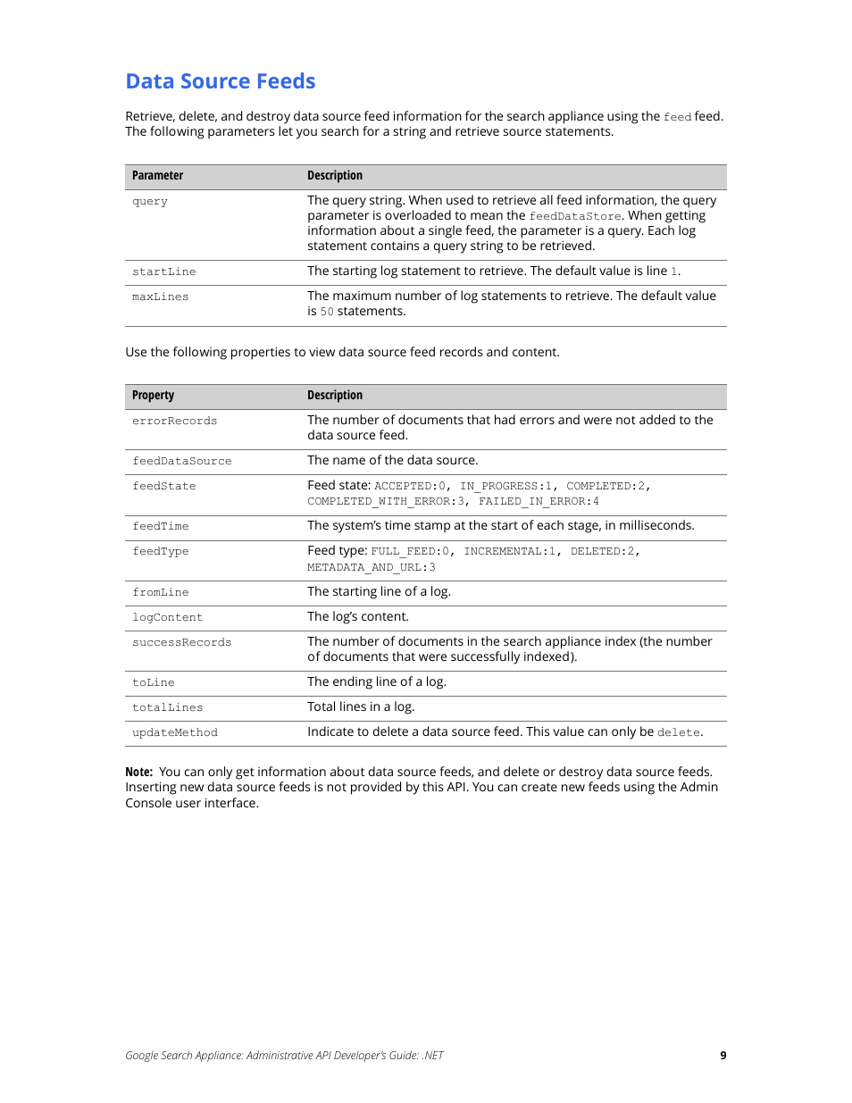 Data source feeds | Google Search Appliance Administrative API Developers Guide: .NET User Manual | Page 9 / 55