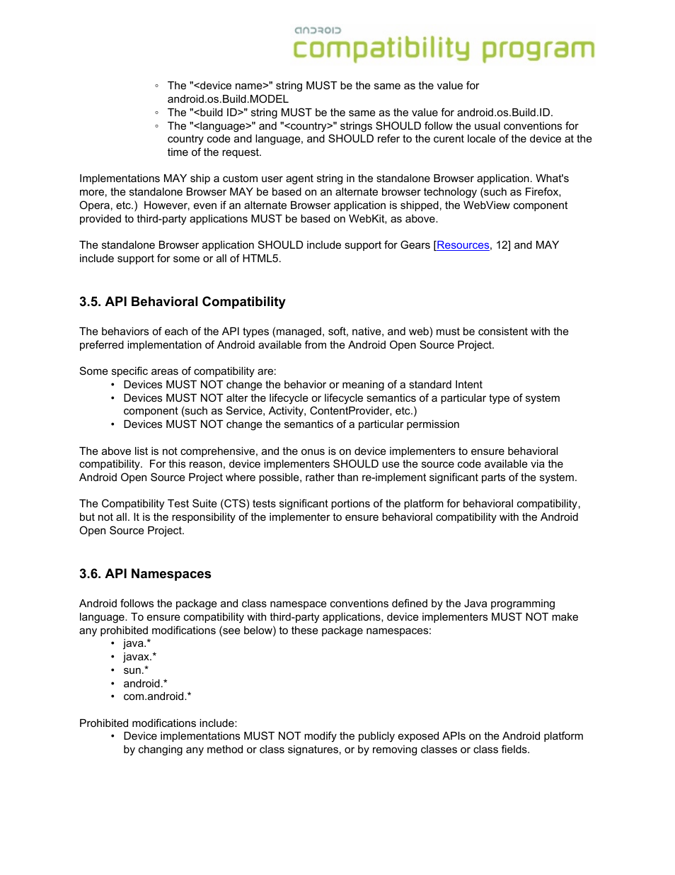 Api behavioral compatibility, Api namespaces, Api behavioral compatibility 3.6. api namespaces | Google Android Compatibility Definition: Android 1.6 User Manual | Page 10 / 31