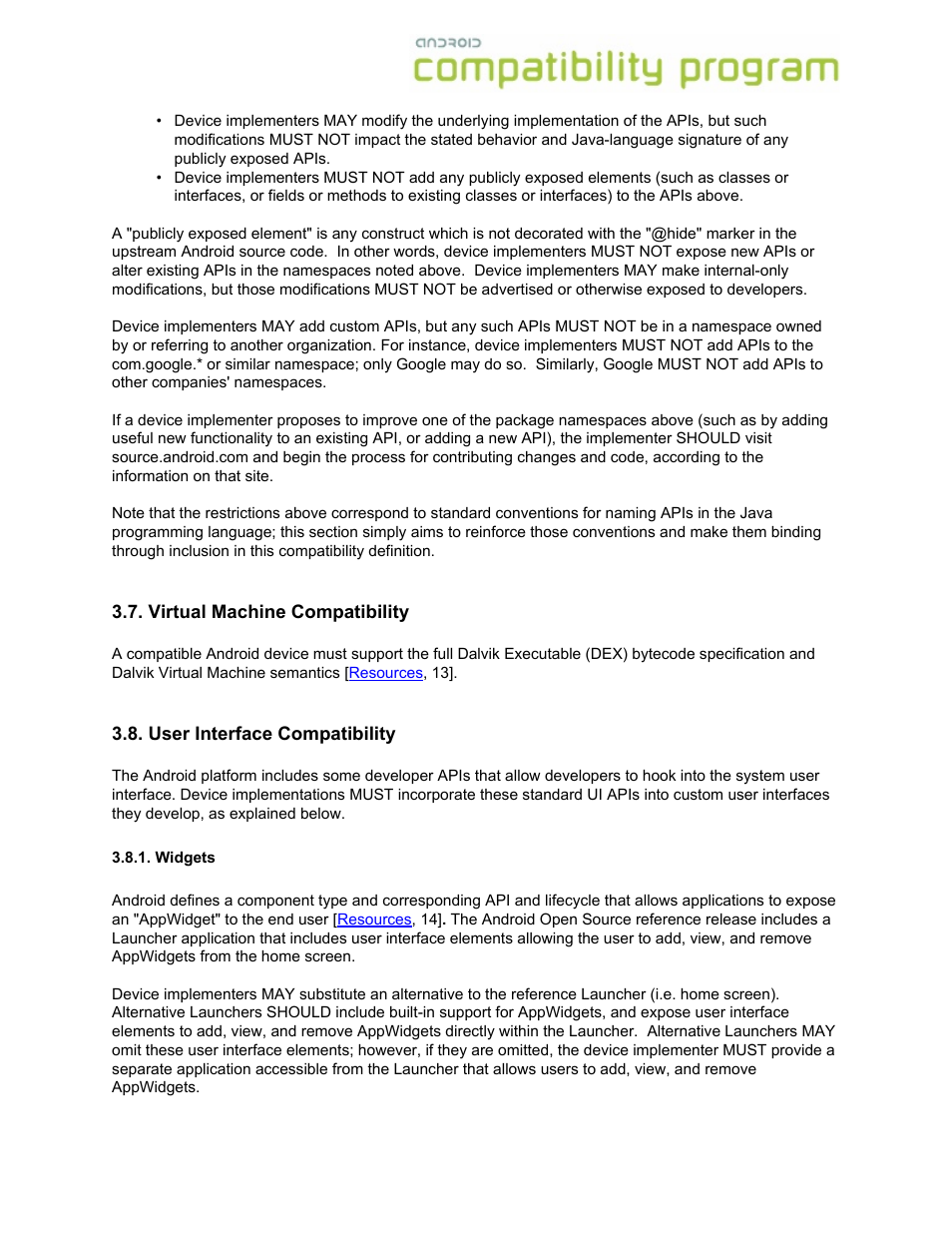 Virtual machine compatibility, User interface compatibility, Widgets | Google Android Compatibility Definition: Android 1.6 User Manual | Page 11 / 31