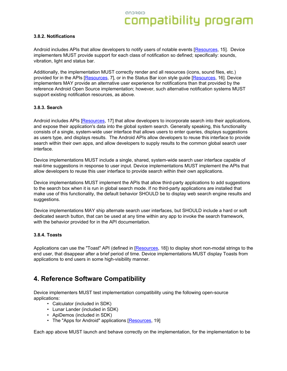 Notifications, Search, Toasts | Reference software compatibility, Notifications 3.8.3. search 3.8.4. toasts | Google Android Compatibility Definition: Android 1.6 User Manual | Page 12 / 31