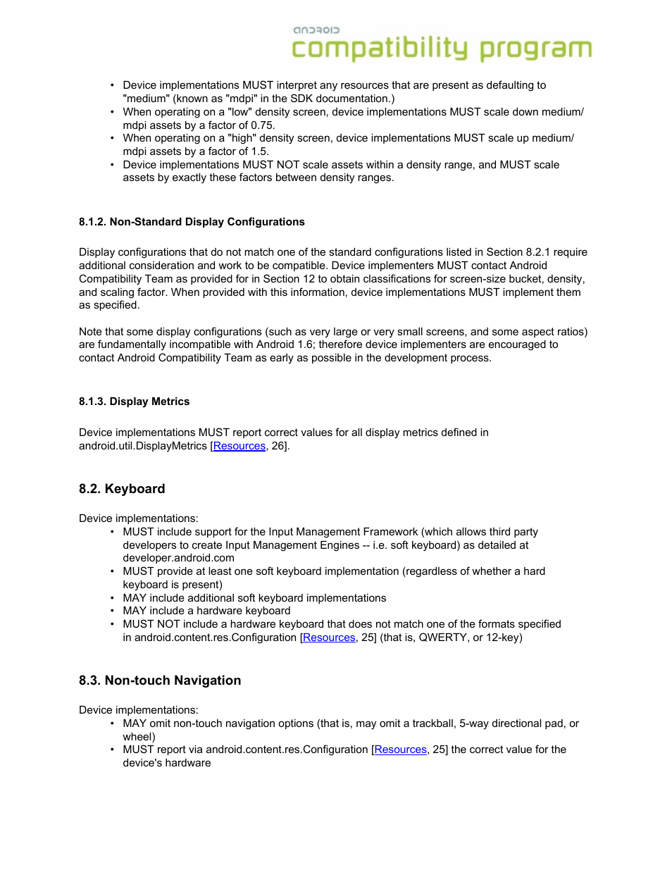 Non-standard display configurations, Display metrics, Keyboard | Non-touch navigation, Keyboard 8.3. non-touch navigation | Google Android Compatibility Definition: Android 1.6 User Manual | Page 16 / 31
