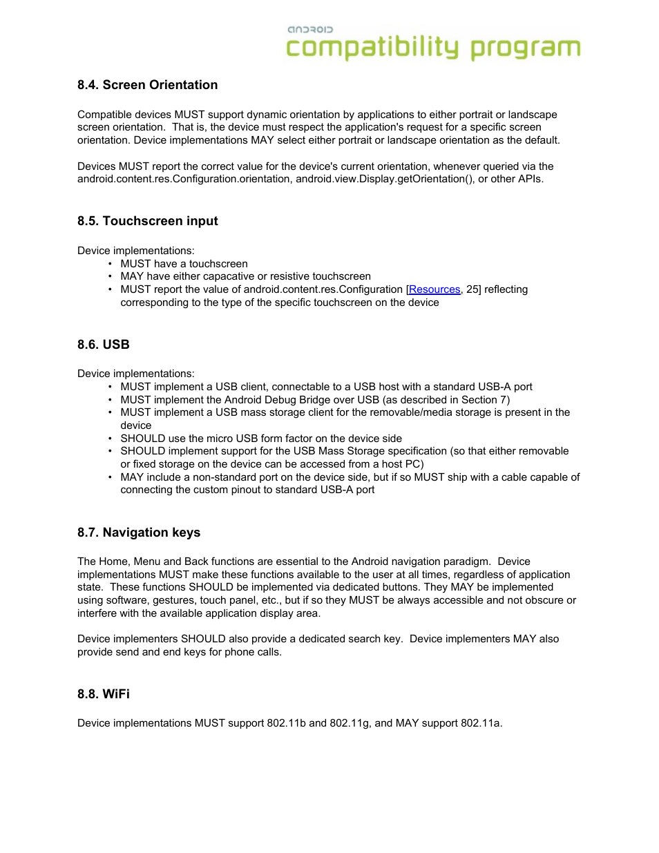 Screen orientation, Touchscreen input, Navigation keys | Wifi | Google Android Compatibility Definition: Android 1.6 User Manual | Page 17 / 31