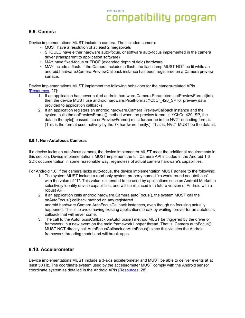 Camera, Non-autofocus cameras, Accelerometer | Google Android Compatibility Definition: Android 1.6 User Manual | Page 18 / 31