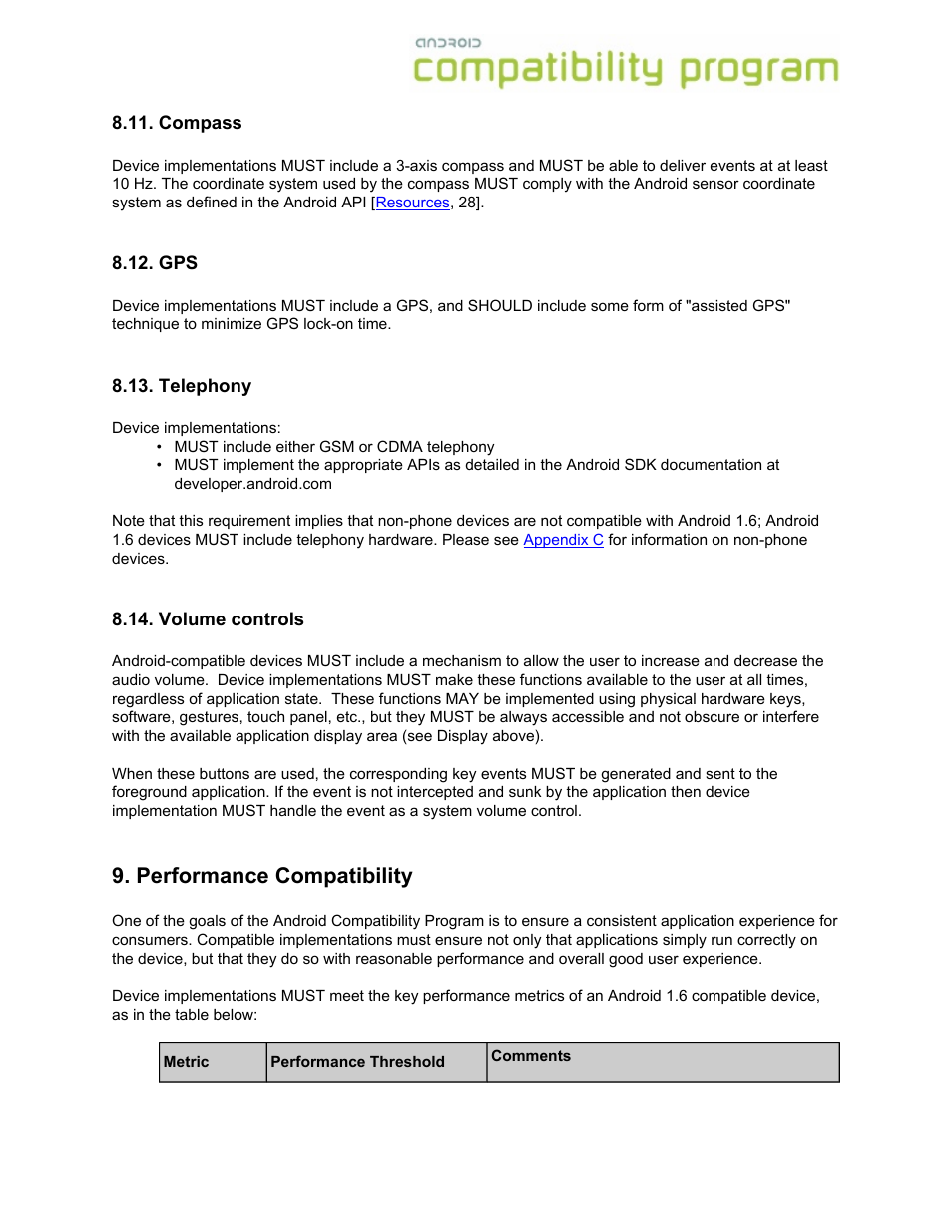 Compass, Telephony, Volume controls | Performance compatibility | Google Android Compatibility Definition: Android 1.6 User Manual | Page 19 / 31