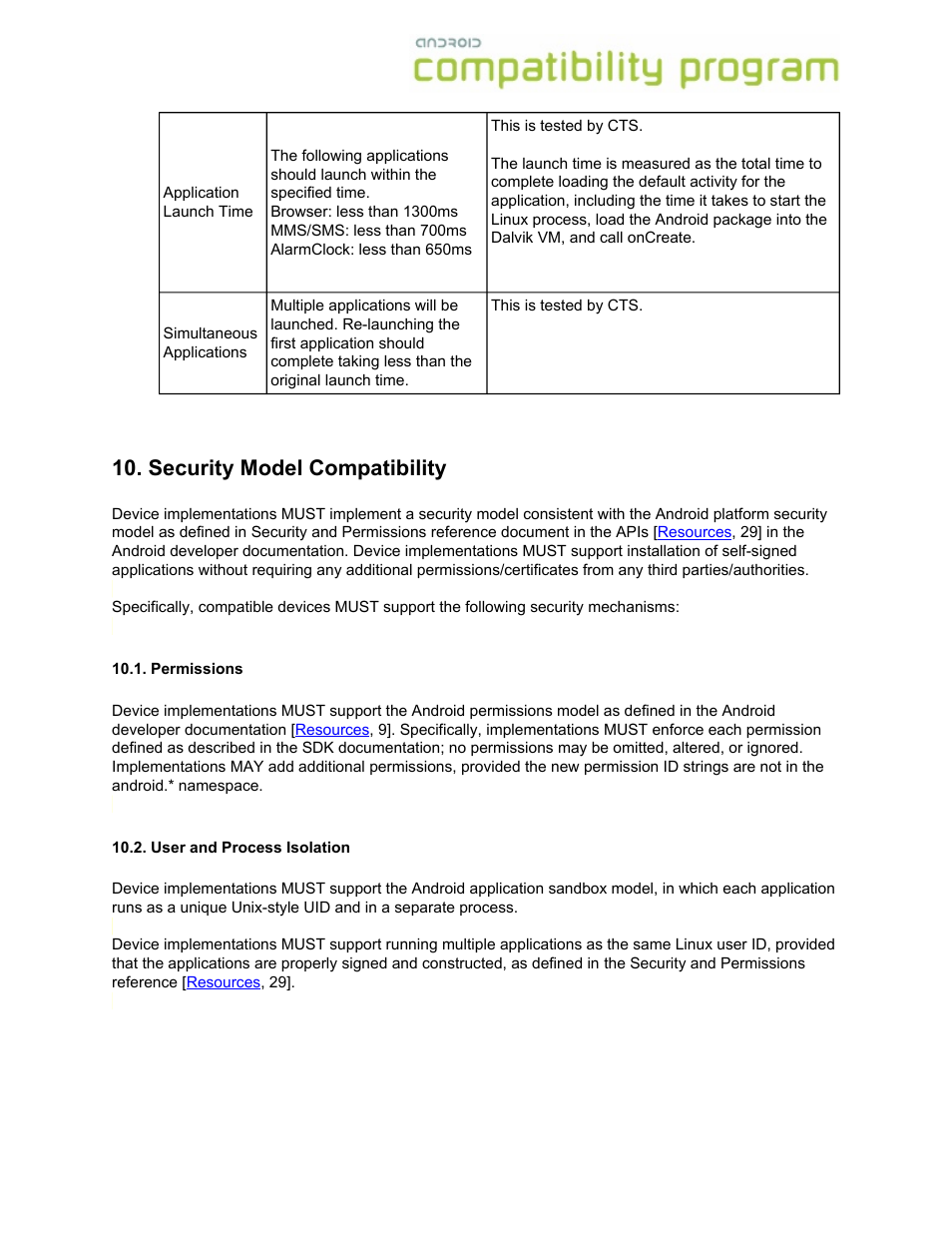 Security model compatibility, Permissions, User and process isolation | Permissions 10.2. user and process isolation | Google Android Compatibility Definition: Android 1.6 User Manual | Page 20 / 31