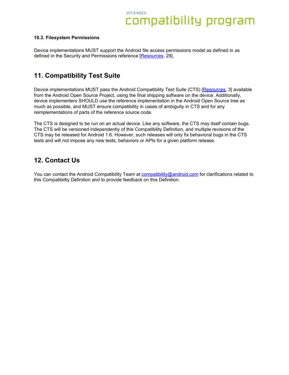 Filesystem permissions, Compatibility test suite, Contact us | Google Android Compatibility Definition: Android 1.6 User Manual | Page 21 / 31