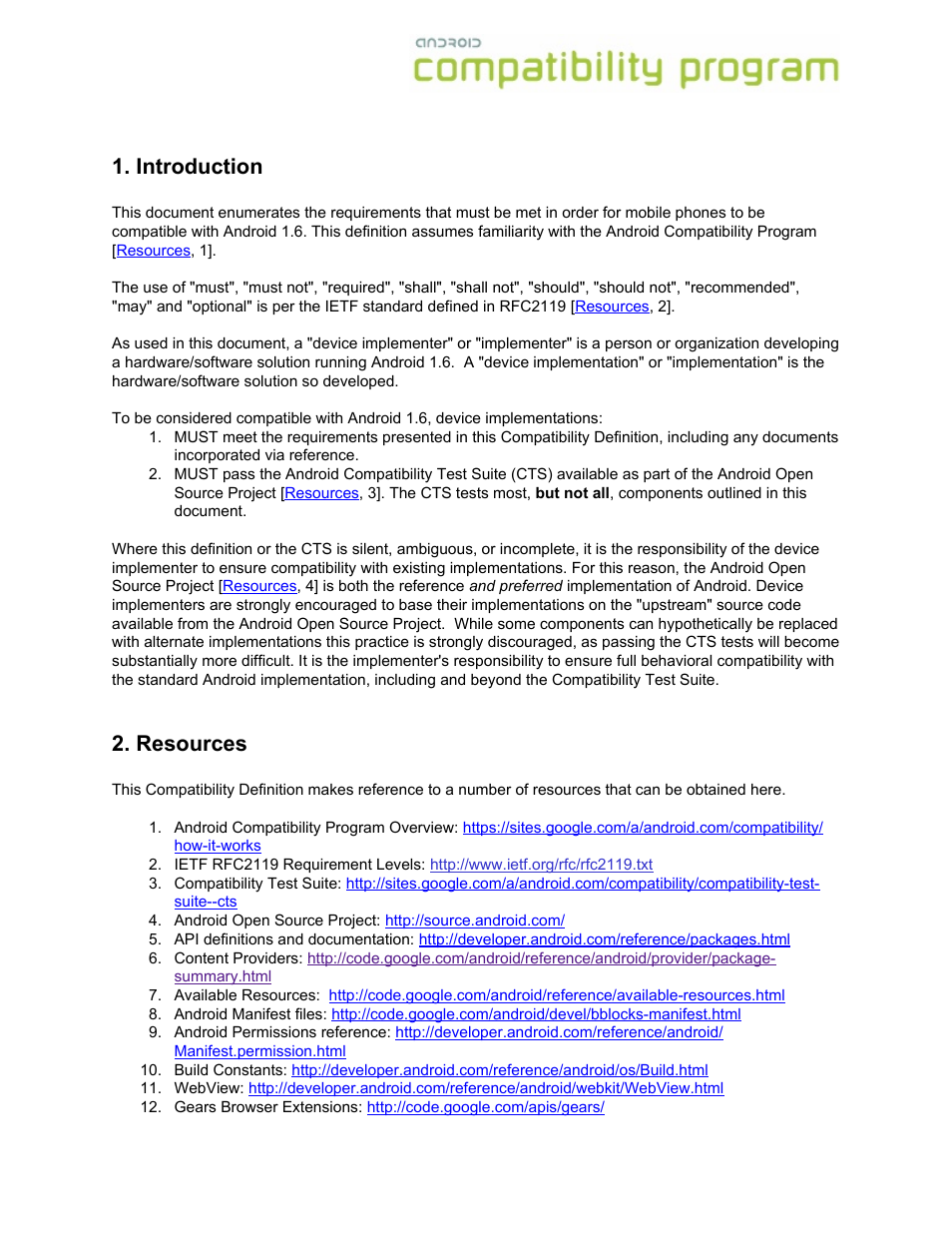 Introduction, Resources, Introduction 2. resources | Google Android Compatibility Definition: Android 1.6 User Manual | Page 4 / 31