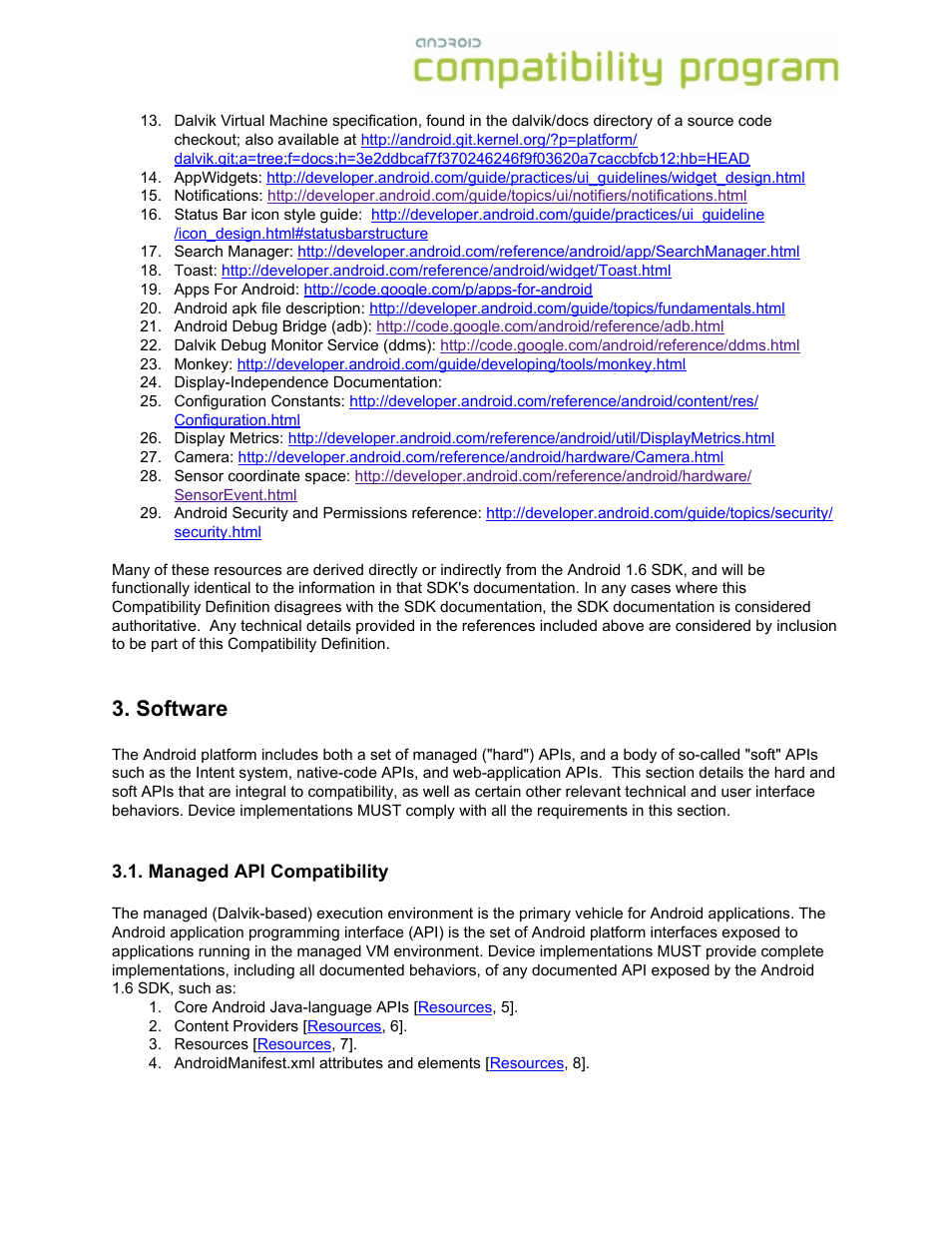 Software, Managed api compatibility | Google Android Compatibility Definition: Android 1.6 User Manual | Page 5 / 31