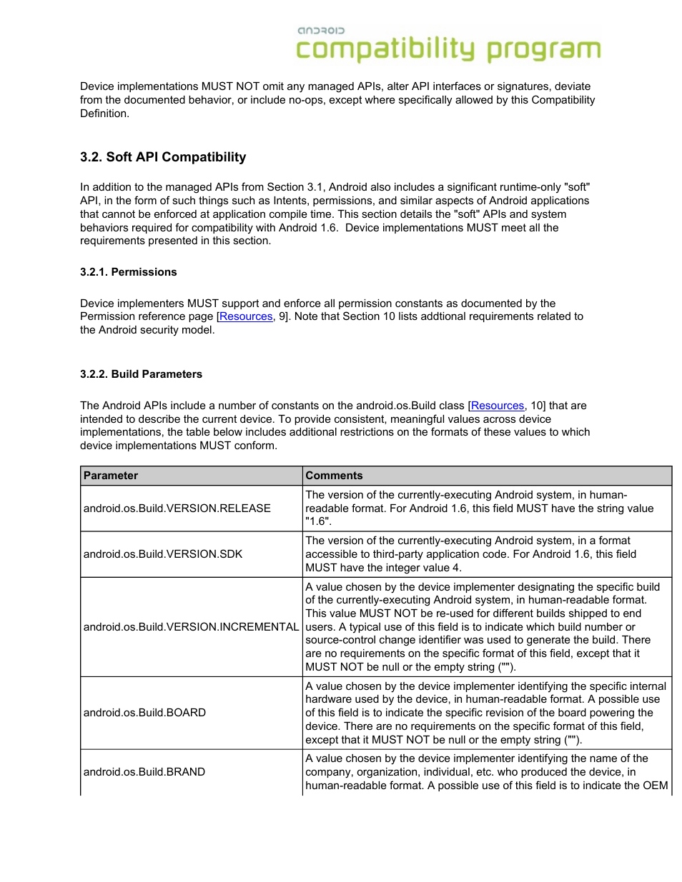 Soft api compatibility, Permissions, Build parameters | Permissions 3.2.2. build parameters | Google Android Compatibility Definition: Android 1.6 User Manual | Page 6 / 31
