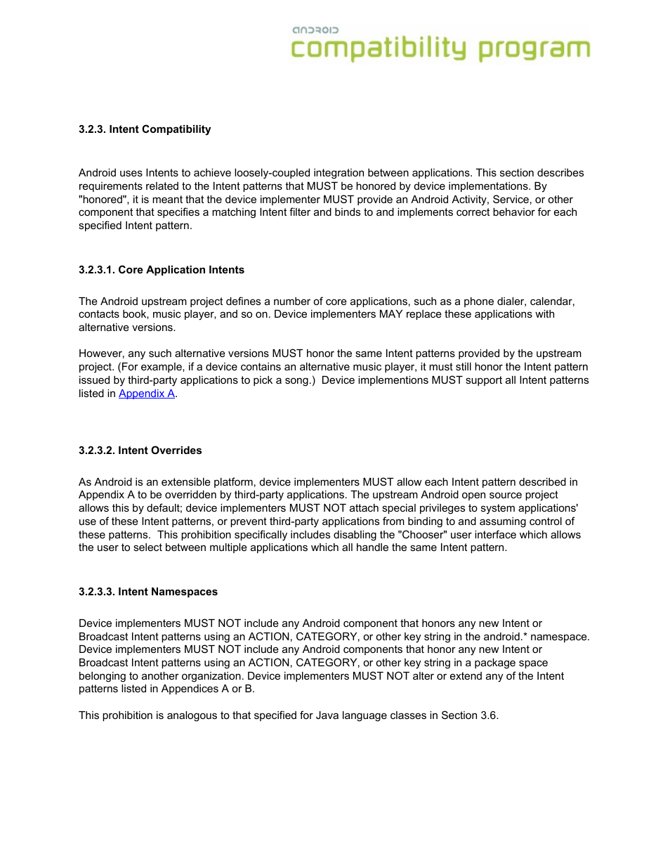 Intent compatibility, Core application intents, Intent overrides | Intent namespaces | Google Android Compatibility Definition: Android 1.6 User Manual | Page 8 / 31