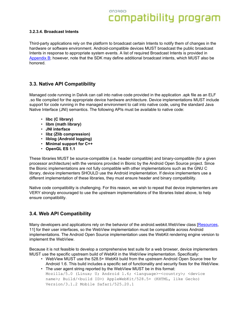 Broadcast intents, Native api compatibility, Web api compatibility | Google Android Compatibility Definition: Android 1.6 User Manual | Page 9 / 31