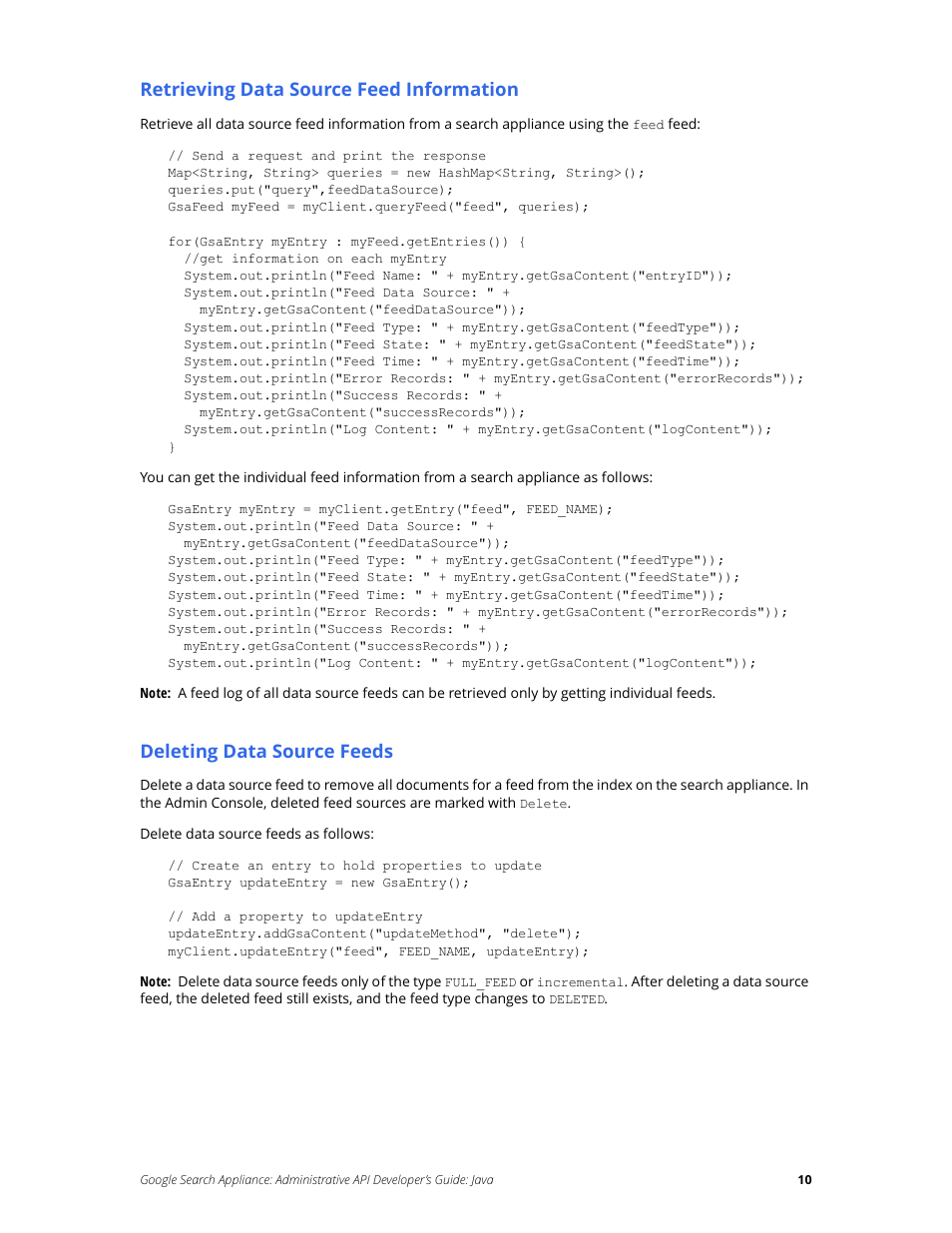 Retrieving data source feed information, Deleting data source feeds | Google Search Appliance Administrative API Developers Guide: Java User Manual | Page 10 / 56