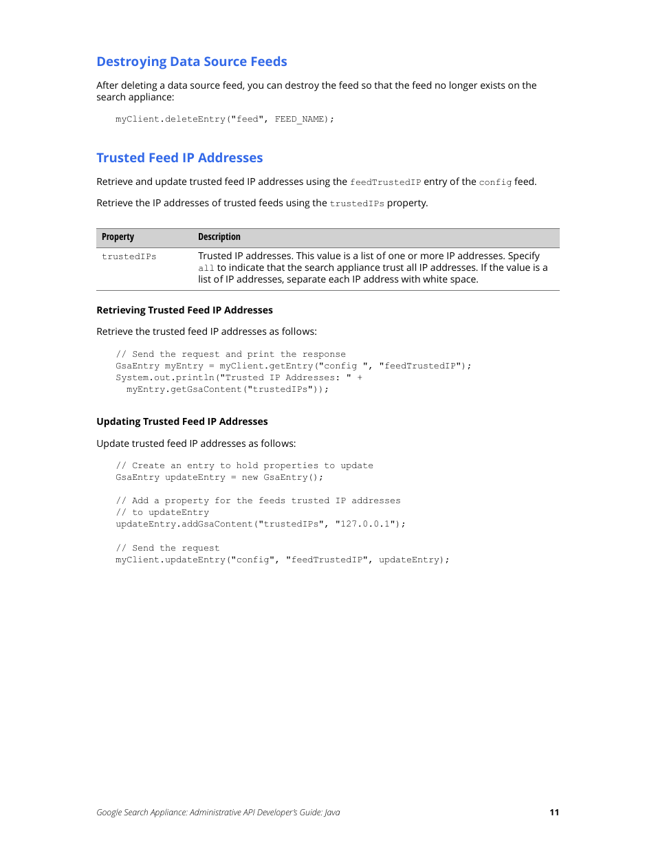 Destroying data source feeds, Trusted feed ip addresses | Google Search Appliance Administrative API Developers Guide: Java User Manual | Page 11 / 56