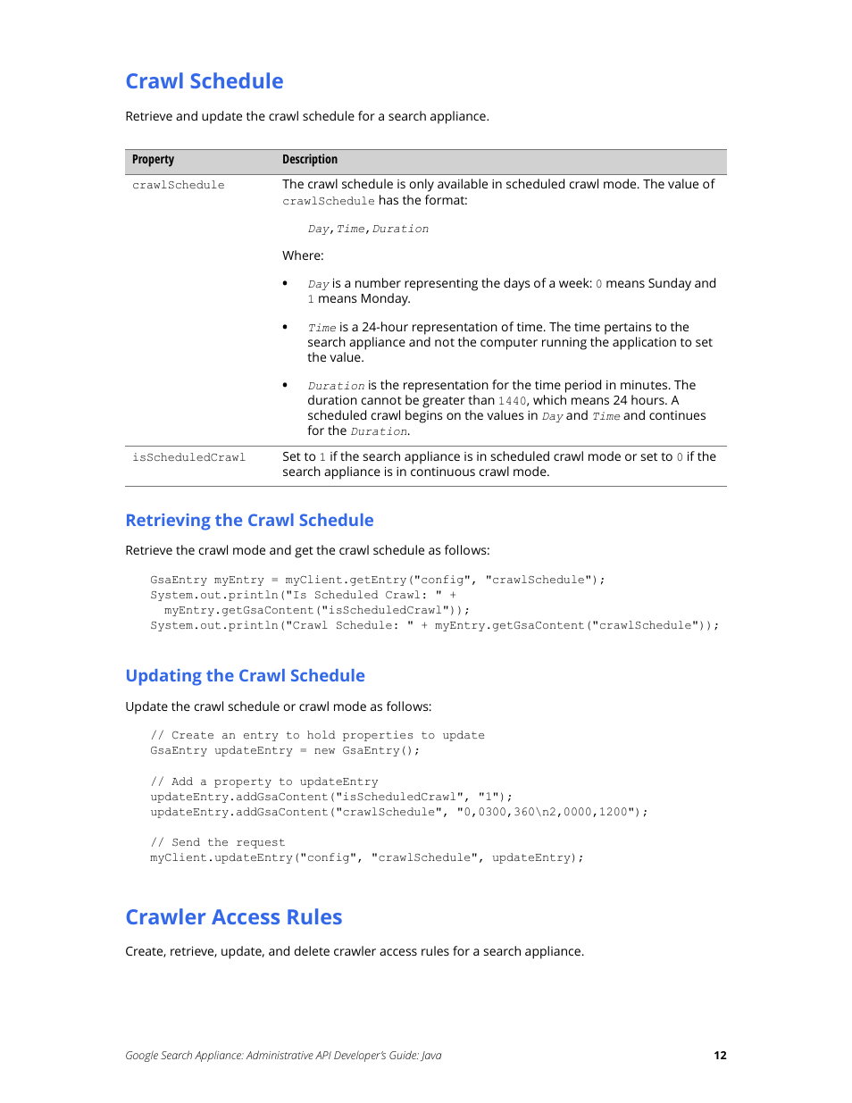 Crawl schedule, Crawler access rules | Google Search Appliance Administrative API Developers Guide: Java User Manual | Page 12 / 56