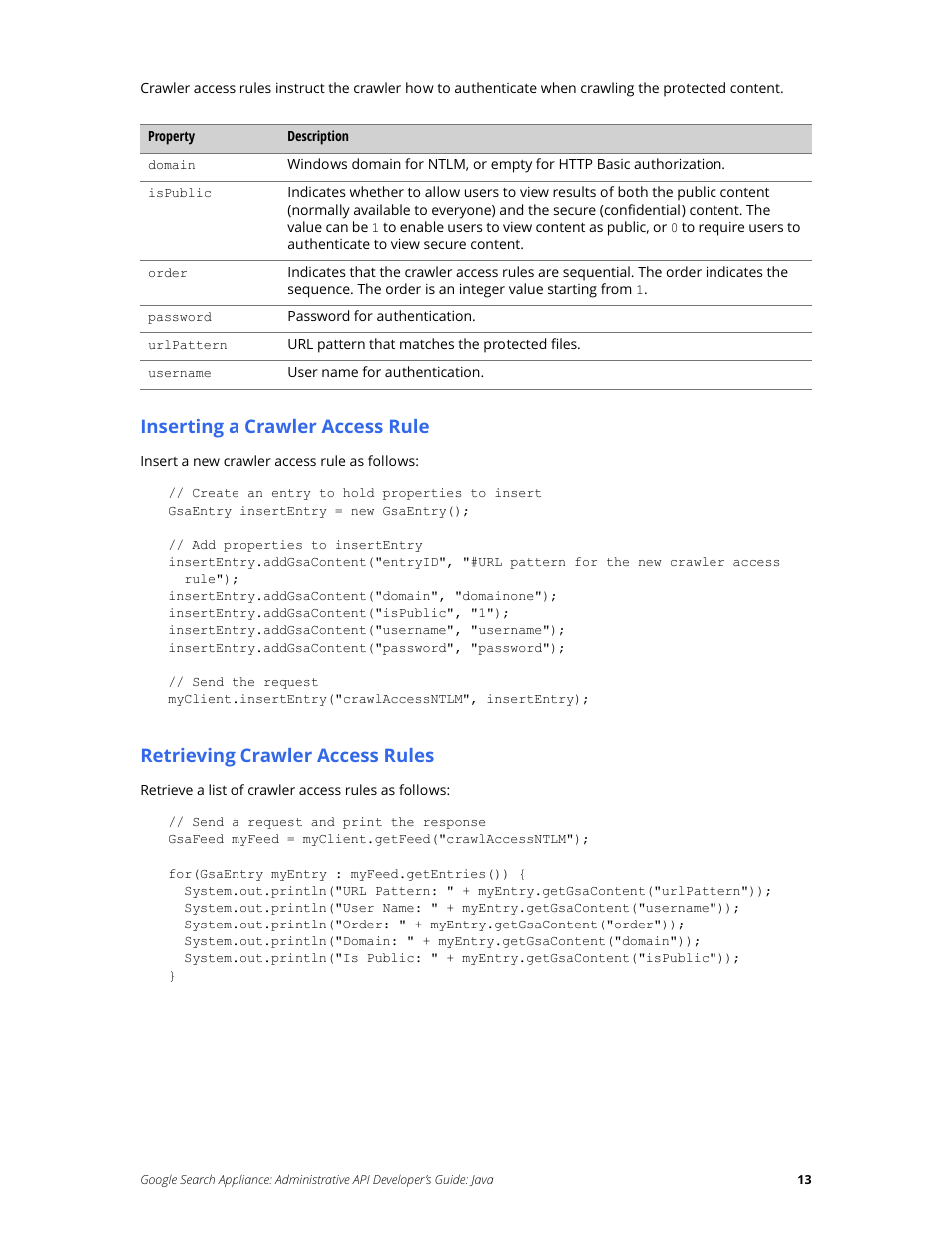 Inserting a crawler access rule, Retrieving crawler access rules | Google Search Appliance Administrative API Developers Guide: Java User Manual | Page 13 / 56
