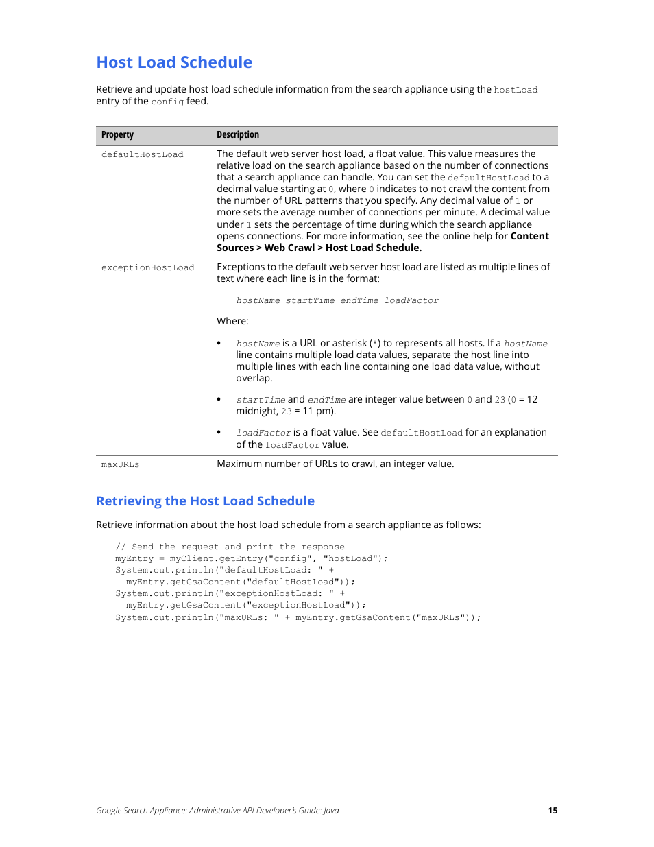 Host load schedule, Retrieving the host load schedule | Google Search Appliance Administrative API Developers Guide: Java User Manual | Page 15 / 56
