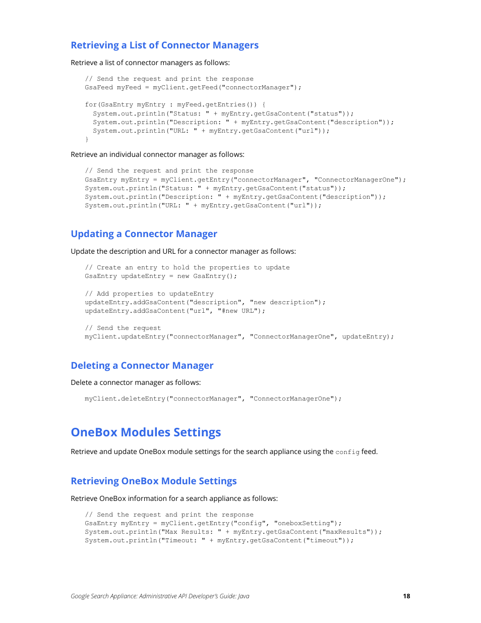 Onebox modules settings | Google Search Appliance Administrative API Developers Guide: Java User Manual | Page 18 / 56