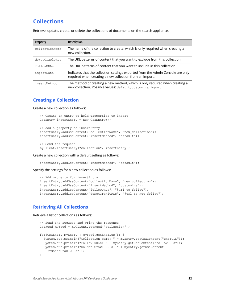 Collections, Creating a collection, Retrieving all collections | Google Search Appliance Administrative API Developers Guide: Java User Manual | Page 22 / 56