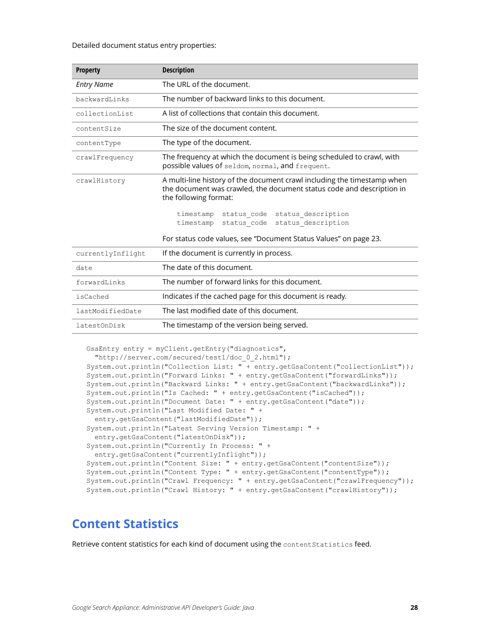 Content statistics | Google Search Appliance Administrative API Developers Guide: Java User Manual | Page 28 / 56