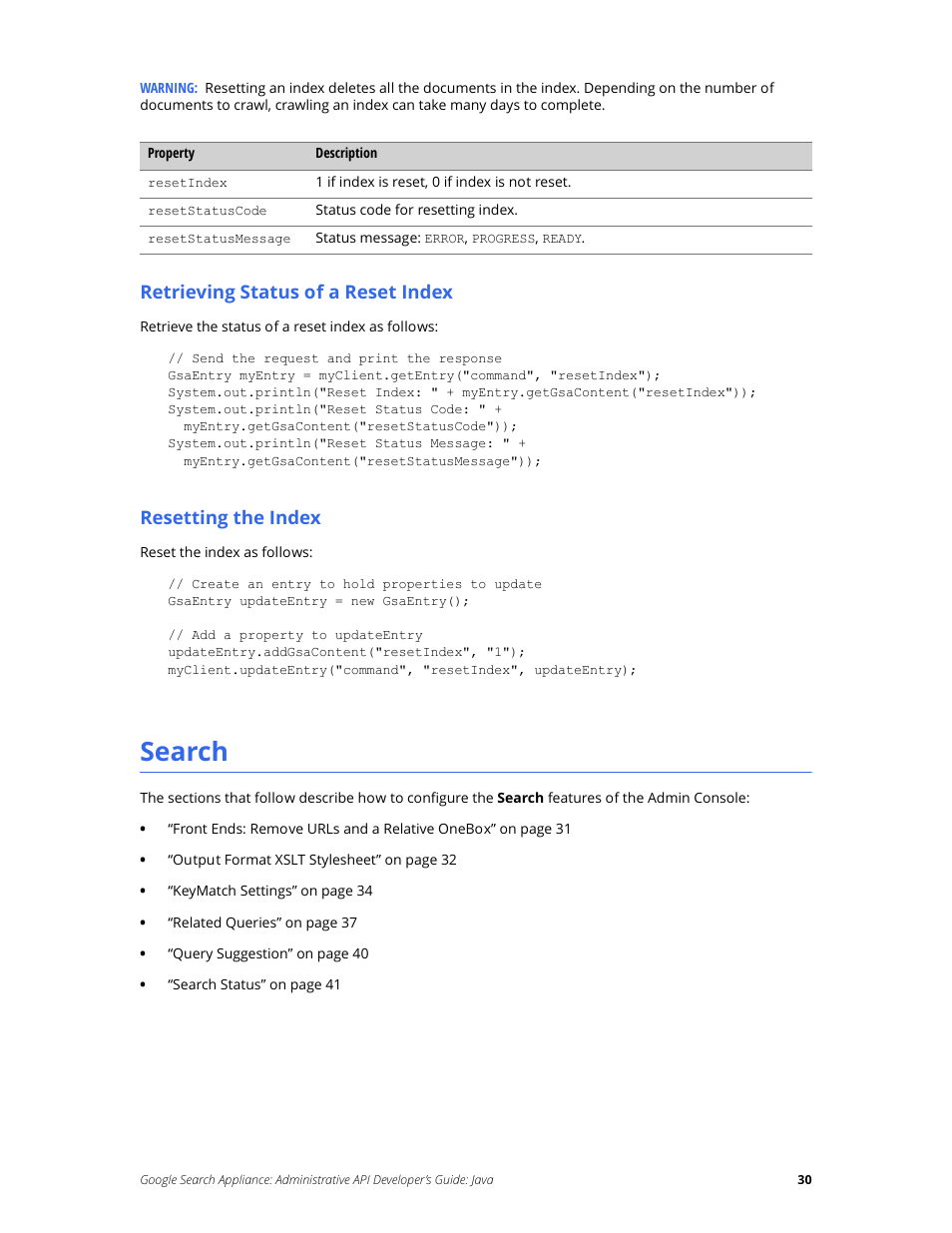 Search, Retrieving status of a reset index, Resetting the index | Google Search Appliance Administrative API Developers Guide: Java User Manual | Page 30 / 56