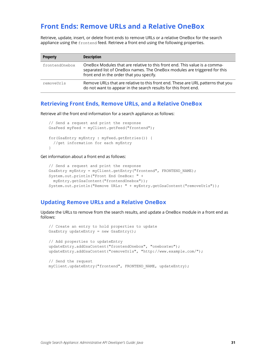 Front ends: remove urls and a relative onebox, Updating remove urls and a relative onebox | Google Search Appliance Administrative API Developers Guide: Java User Manual | Page 31 / 56