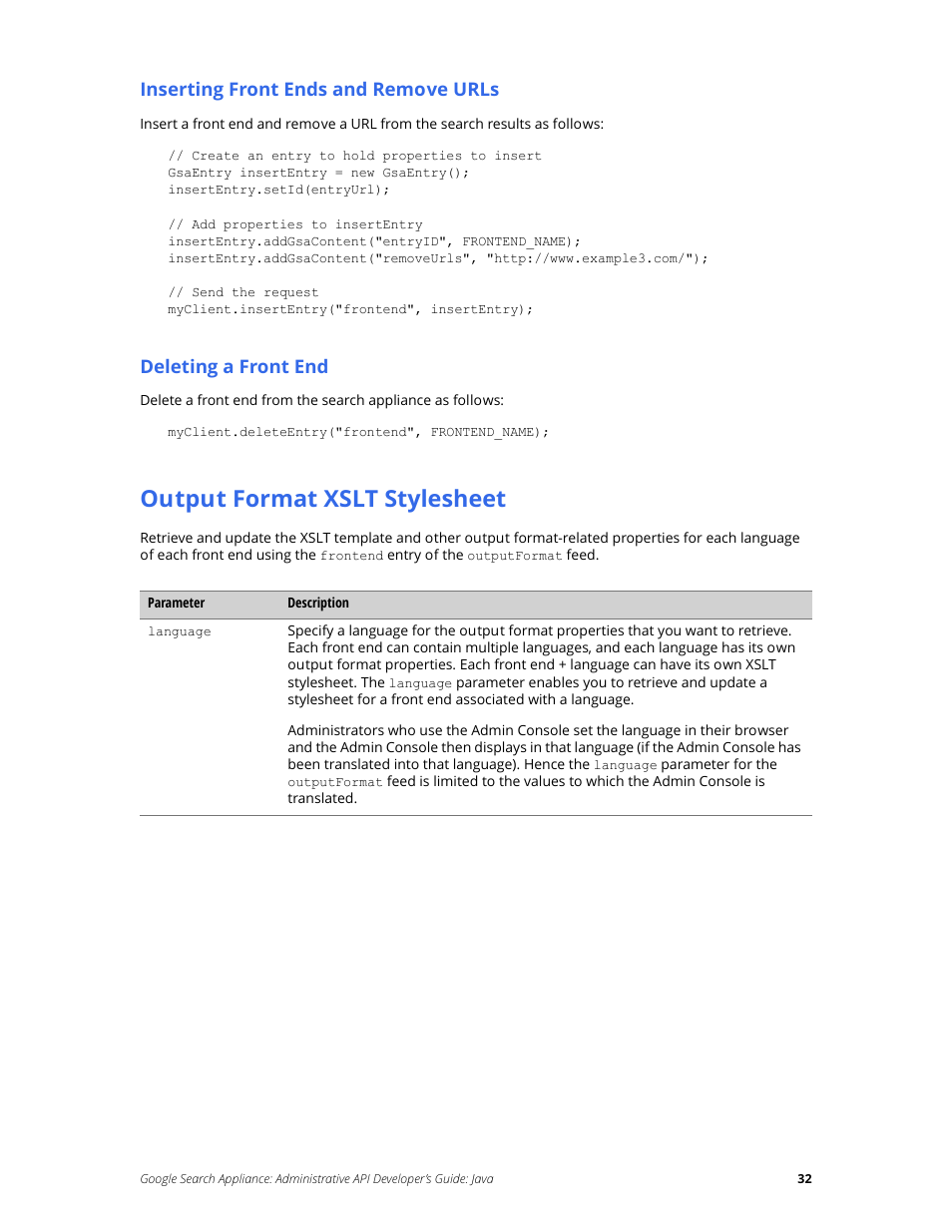 Output format xslt stylesheet | Google Search Appliance Administrative API Developers Guide: Java User Manual | Page 32 / 56