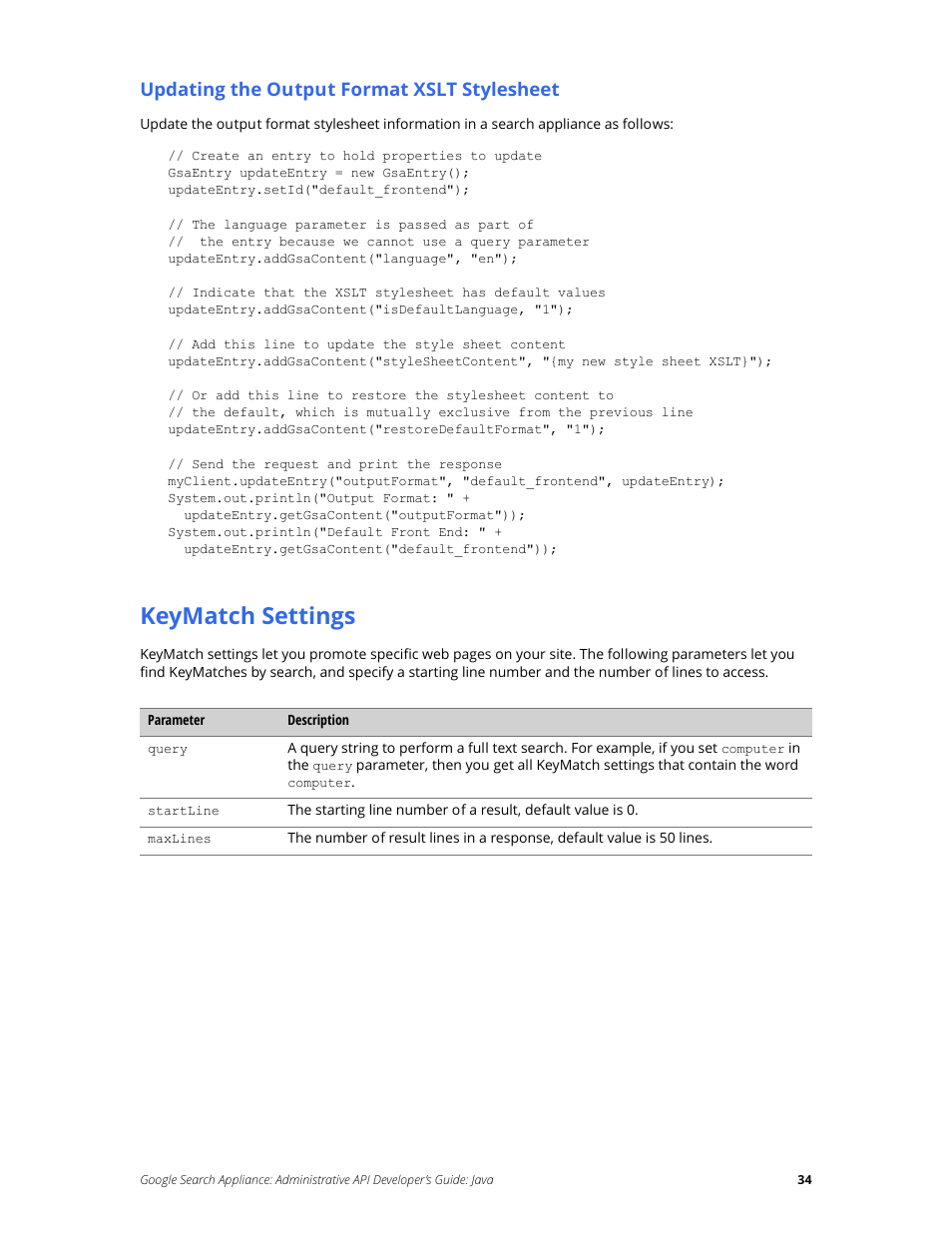 Keymatch settings, Updating the output format xslt stylesheet | Google Search Appliance Administrative API Developers Guide: Java User Manual | Page 34 / 56