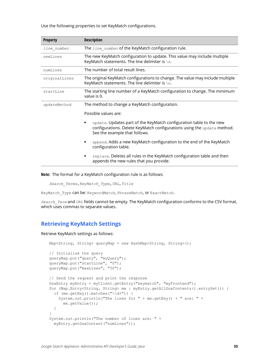 Retrieving keymatch settings | Google Search Appliance Administrative API Developers Guide: Java User Manual | Page 35 / 56
