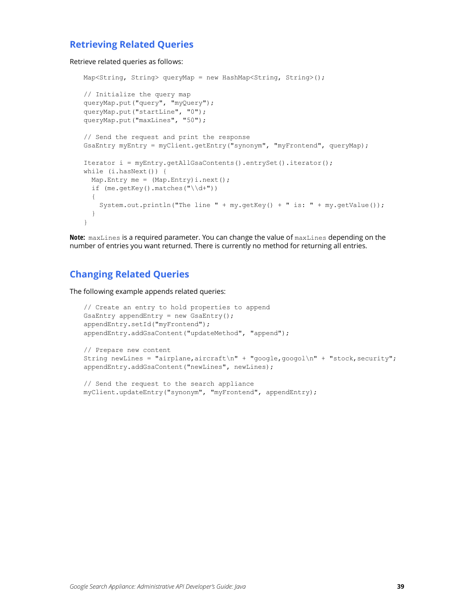 Retrieving related queries, Changing related queries | Google Search Appliance Administrative API Developers Guide: Java User Manual | Page 39 / 56