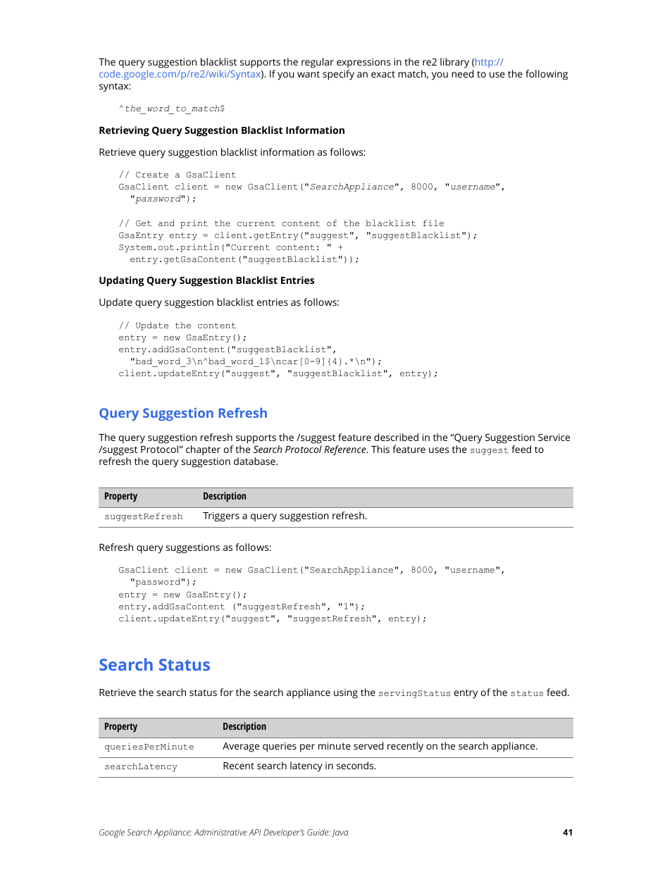 Search status, Query suggestion refresh | Google Search Appliance Administrative API Developers Guide: Java User Manual | Page 41 / 56