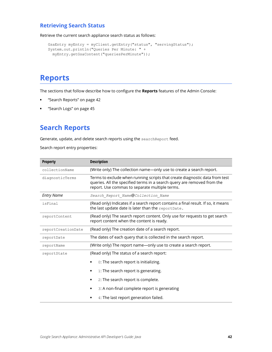 Reports, Search reports, Retrieving search status | Google Search Appliance Administrative API Developers Guide: Java User Manual | Page 42 / 56