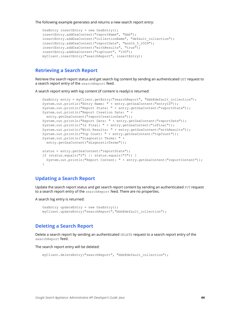 Retrieving a search report, Updating a search report, Deleting a search report | Google Search Appliance Administrative API Developers Guide: Java User Manual | Page 44 / 56