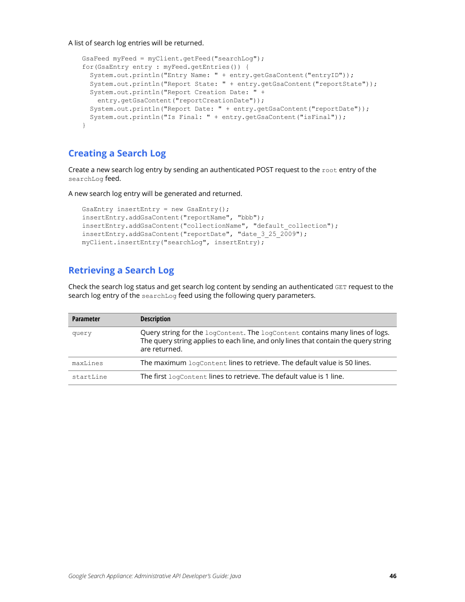 Creating a search log, Retrieving a search log | Google Search Appliance Administrative API Developers Guide: Java User Manual | Page 46 / 56