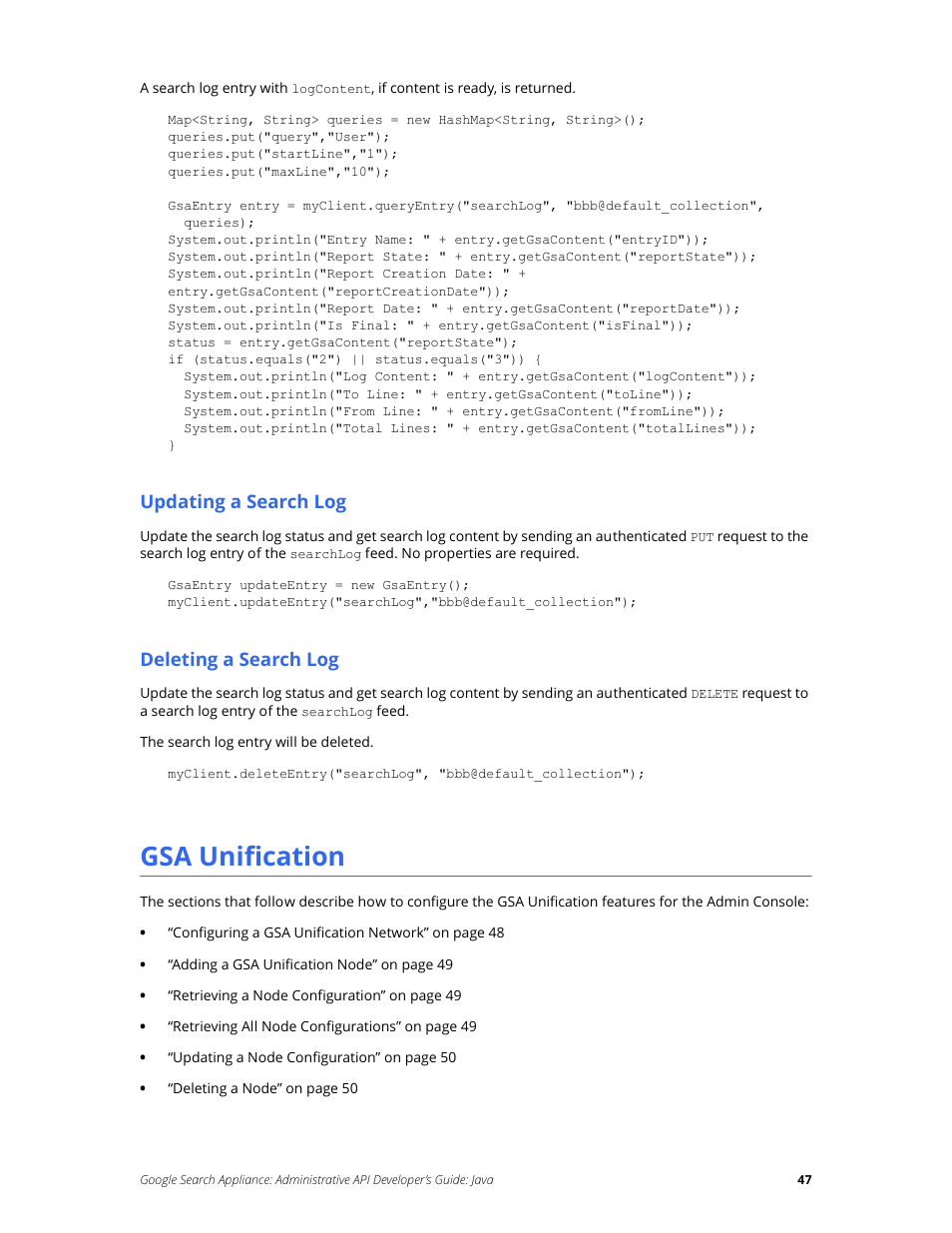 Gsa unification, Updating a search log, Deleting a search log | Google Search Appliance Administrative API Developers Guide: Java User Manual | Page 47 / 56