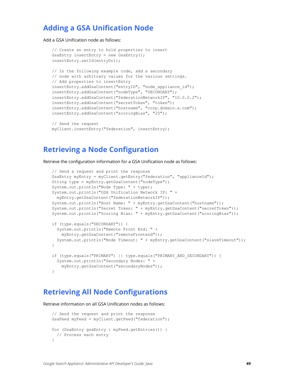 Adding a gsa unification node, Retrieving a node configuration, Retrieving all node configurations | Google Search Appliance Administrative API Developers Guide: Java User Manual | Page 49 / 56