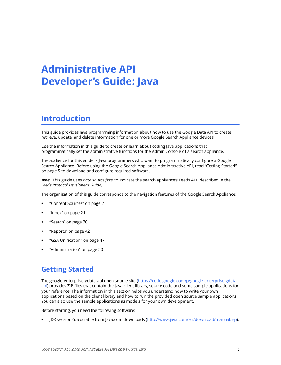 Administrative api developer’s guide: java, Introduction, Getting started | Google Search Appliance Administrative API Developers Guide: Java User Manual | Page 5 / 56